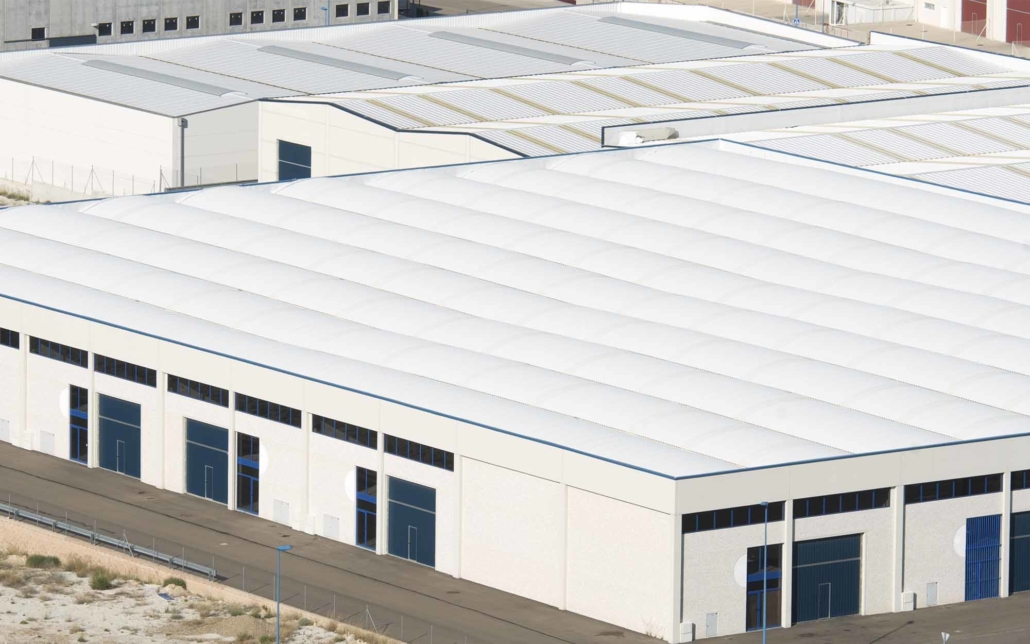 Overhead view of an industrial warehouse rooftop